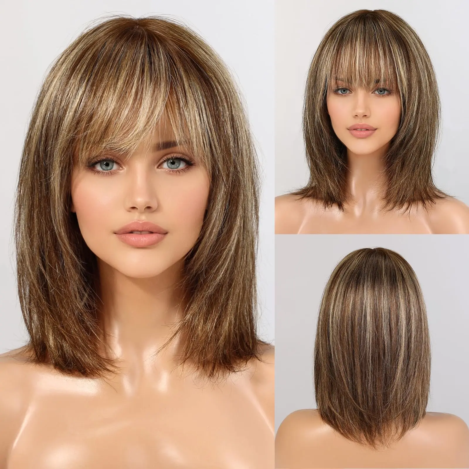 Ombre Golden Brown 100% Remy Human Hairs for Women Natural Daily Straight 12inch Short Human Hair Wigs with Bangs Heat Resistant