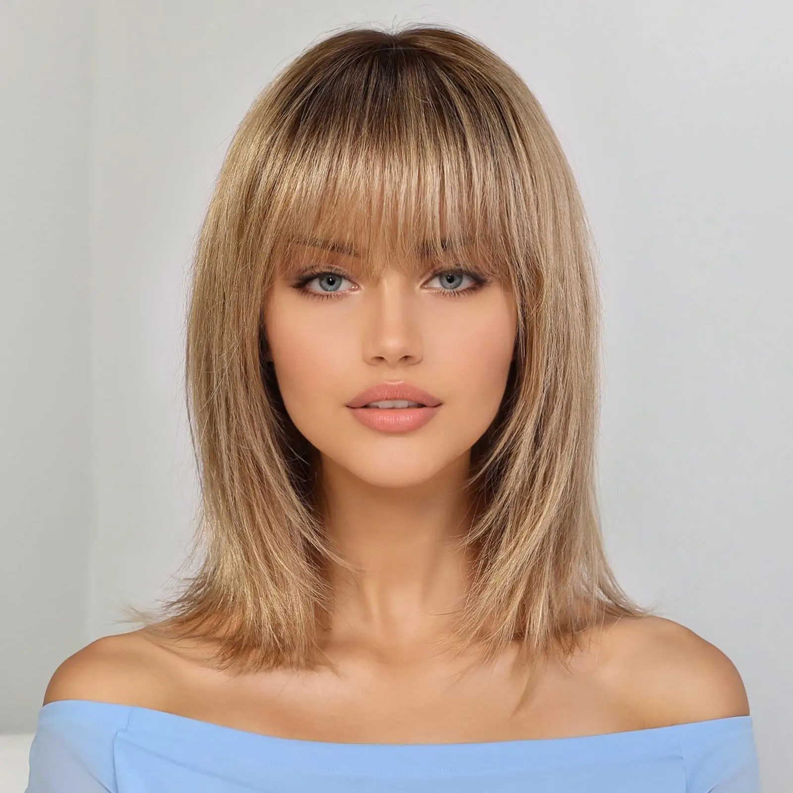 Ombre Golden Brown 100% Remy Human Hairs for Women Natural Daily Straight 12inch Short Human Hair Wigs with Bangs Heat Resistant