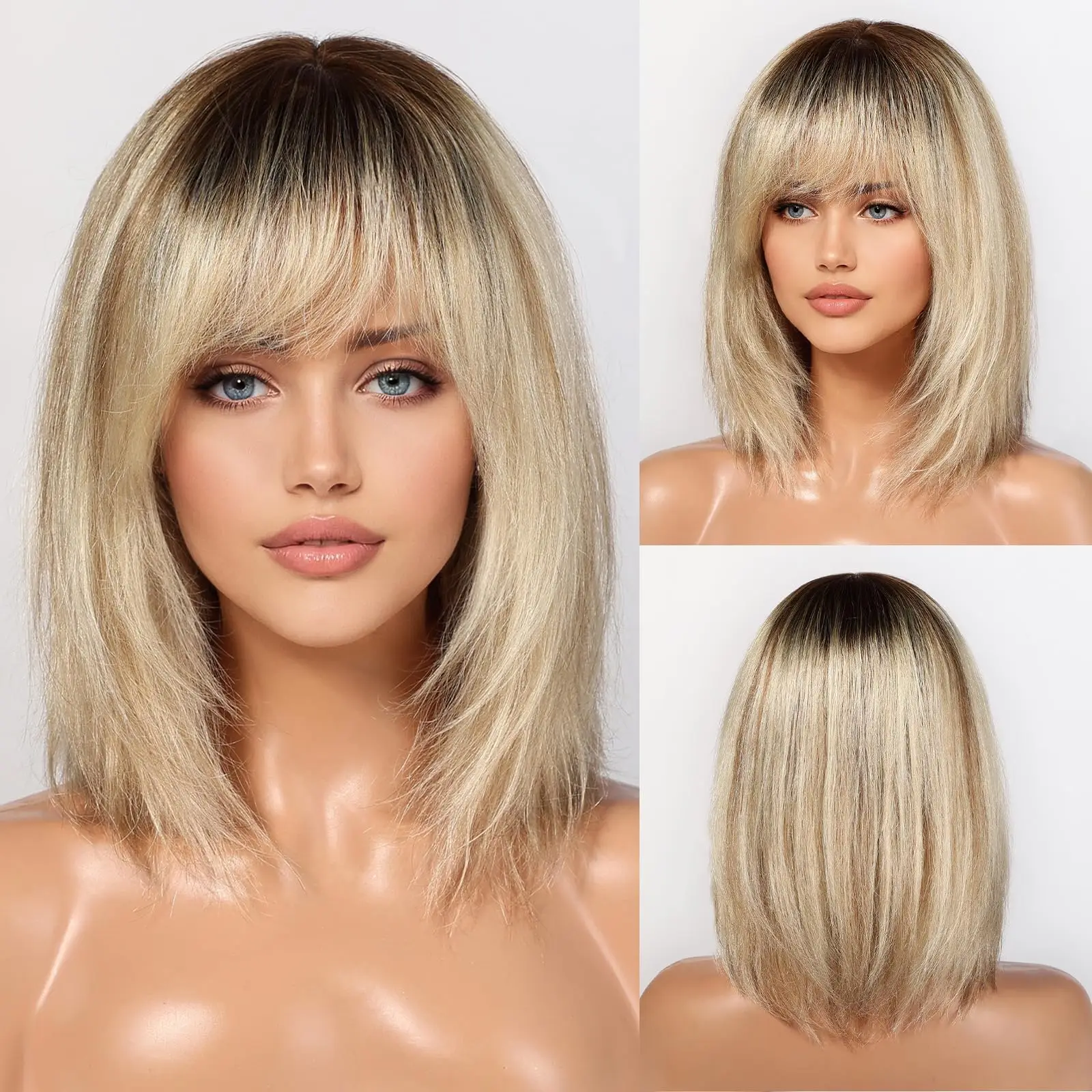 Ombre Golden Brown 100% Remy Human Hairs for Women Natural Daily Straight 12inch Short Human Hair Wigs with Bangs Heat Resistant