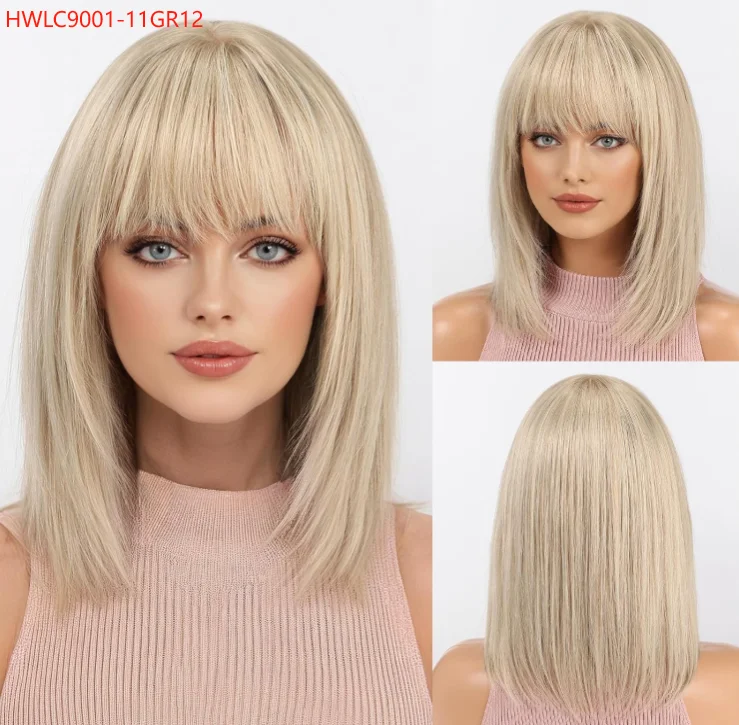 Ombre Golden Brown 100% Remy Human Hairs for Women Natural Daily Straight 12inch Short Human Hair Wigs with Bangs Heat Resistant