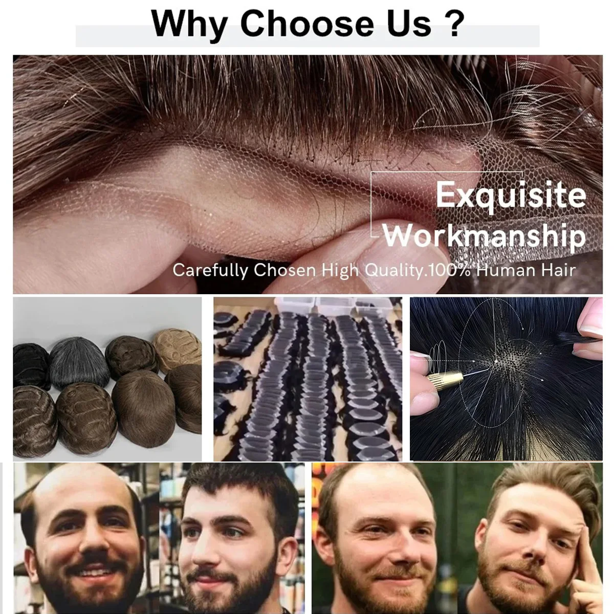 Band Style 8x10" Human Hair Mens Toupee Fine Mono and Thin Skin Base Hair Replacement System Breathable Toupee Durable Hairpiece