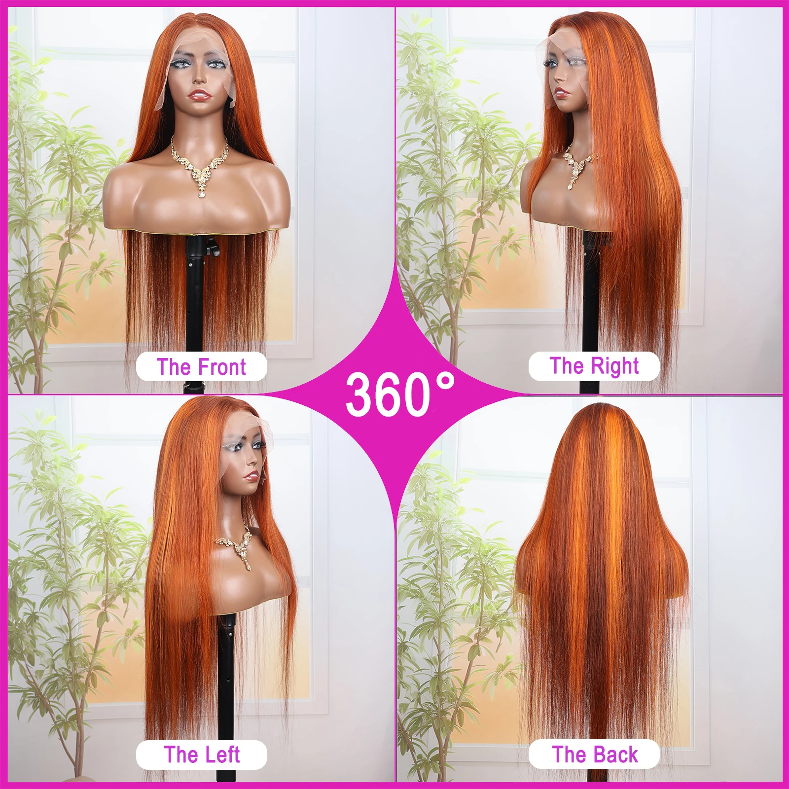 Glueless 100% Human Hair 4/350 Highlight Ombre Straight 13x4 Lace Frontal Wigs With Drawstring Ginger Orange Brown Colored Wig