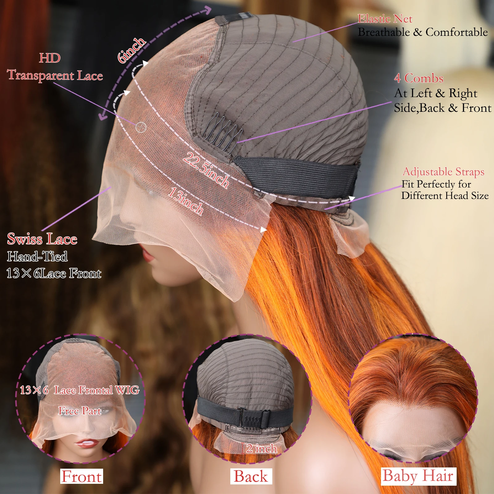 Glueless 100% Human Hair 4/350 Highlight Ombre Straight 13x4 Lace Frontal Wigs With Drawstring Ginger Orange Brown Colored Wig