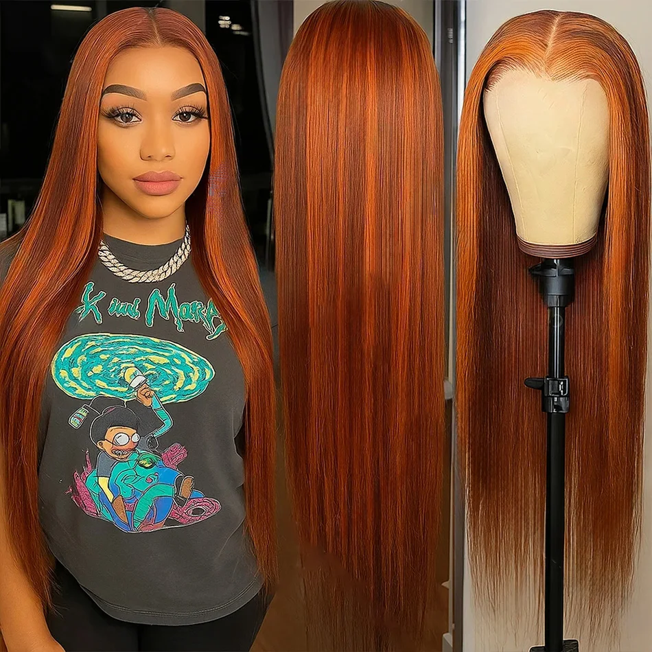 Glueless 100% Human Hair 4/350 Highlight Ombre Straight 13x4 Lace Frontal Wigs With Drawstring Ginger Orange Brown Colored Wig