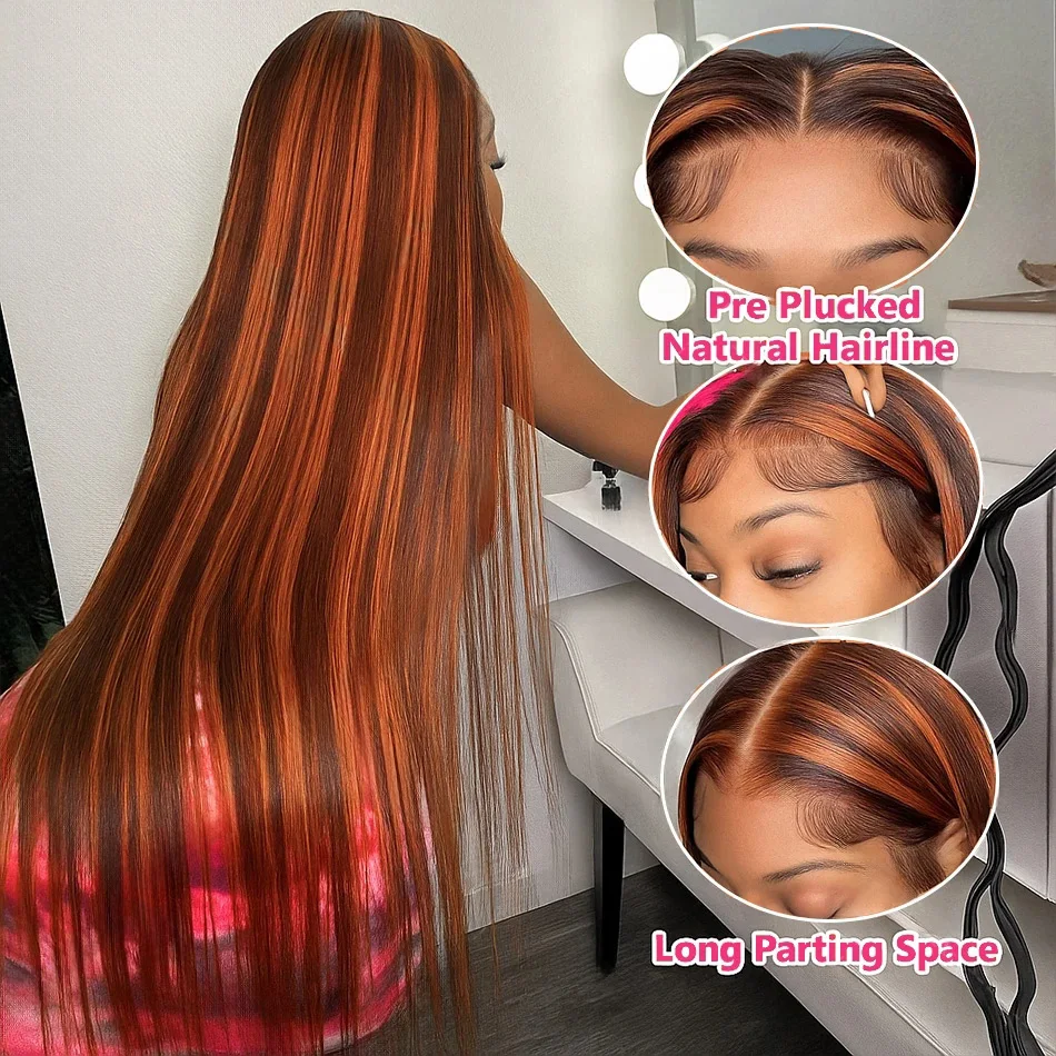 Glueless 100% Human Hair 4/350 Highlight Ombre Straight 13x4 Lace Frontal Wigs With Drawstring Ginger Orange Brown Colored Wig