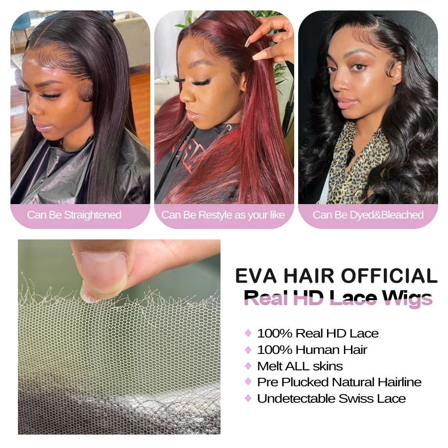 Eva Real HD Lace Wigs Straight 2x6 HD Lace Closure Wig Deep Part Pre Plucked Melt All Skins Invisible HD Human Hair Closure Wigs