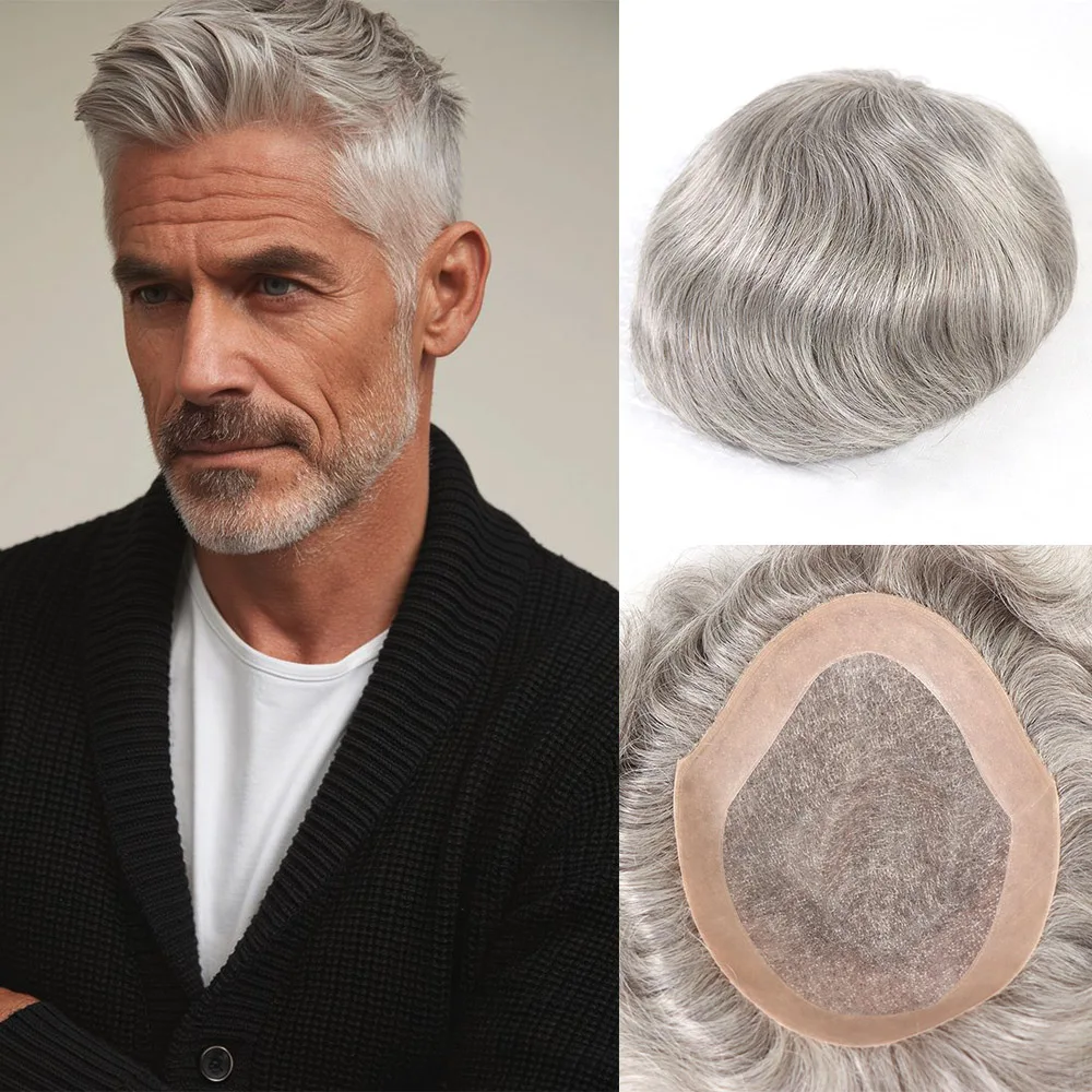 Human Hair Prosthesis for Men's Toupee Breathable Mono Toupee PU Double Knot Male Wig Unit Hairpiece Replacement System 8x10Inch