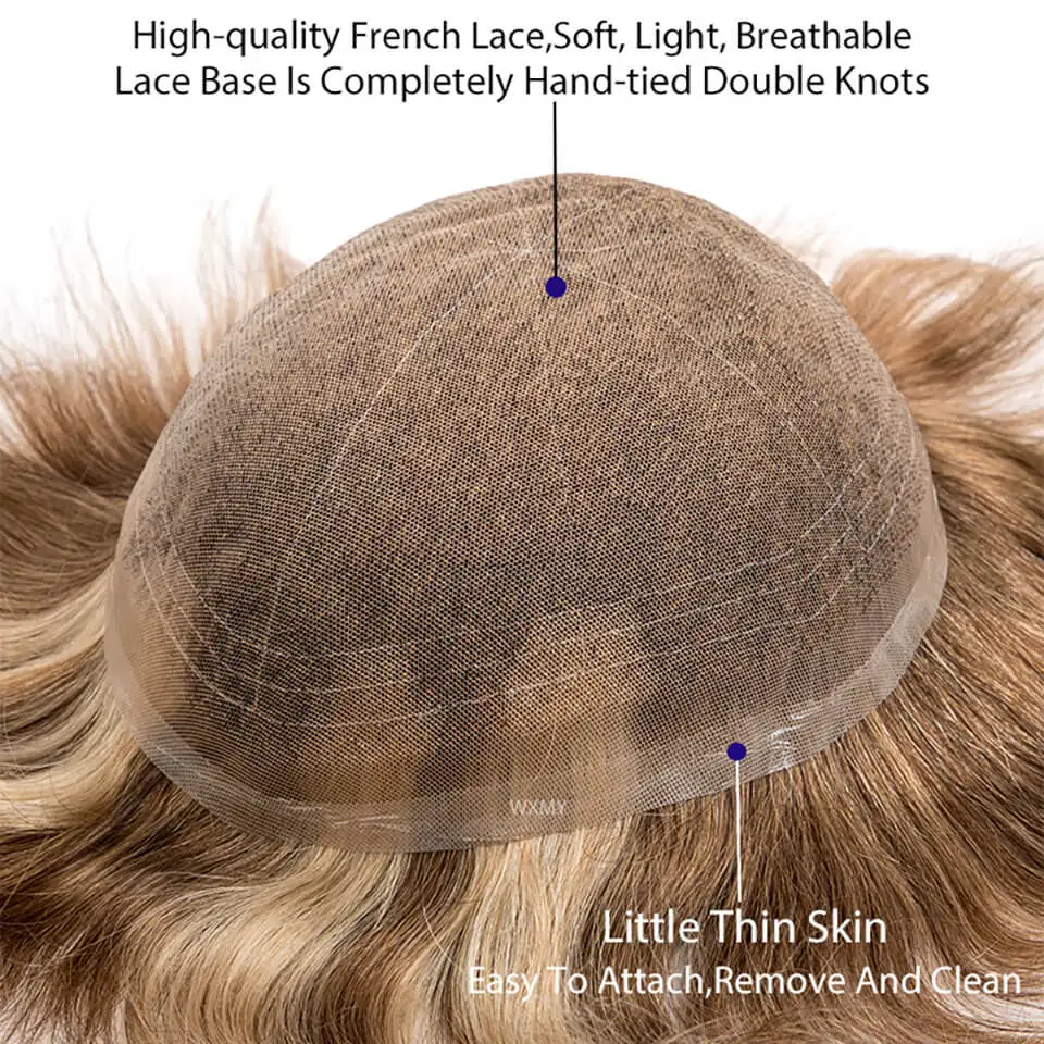 Full French Lace Base Male Hair Prosthesis Breathable Toupee For Men Human Hair Men's Wigs Capilar Hombre Blond Man Wig Systems