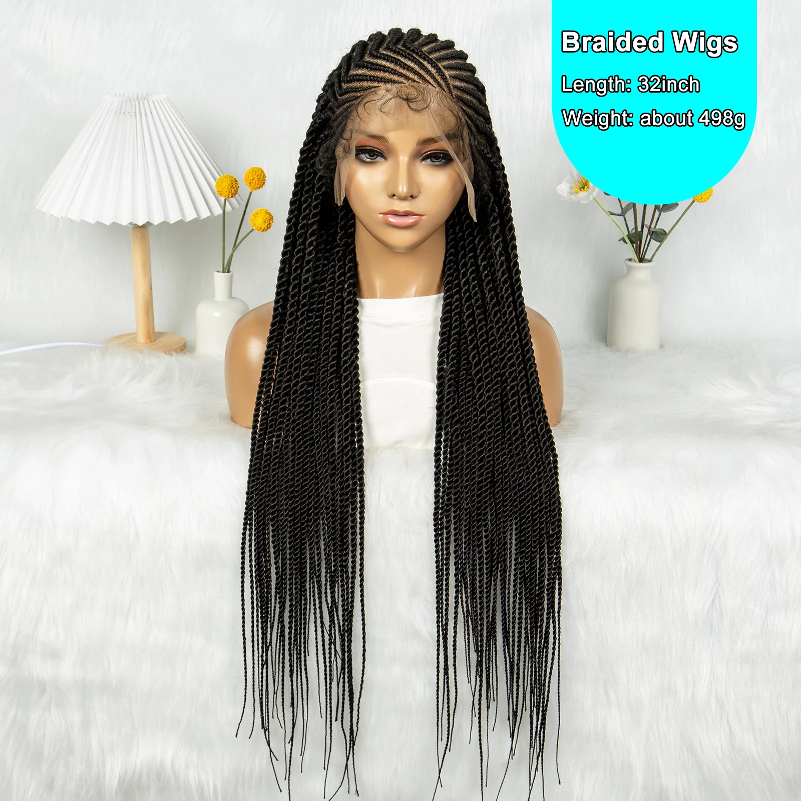 32Inch Cornrow Braided Wigs Synthetic Box Braids Wig Full Lace Braided Wig for Black Women Blended Lace Front Braiding Hair Wig