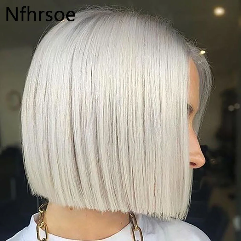 #60 Color White Platinum Ash Blonde Bob Human Hair Remy Straight 13x6 Lace Frontal Wig 13x4 Lace Front Wig 100% Human Hair