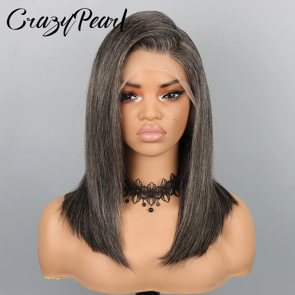 CrazyPearl Bob Wig Human Hair Salt and Pepper Grey Wigs 13X4 Straight Lace Frontal Wigs Human Hair Natural Hairline Gray Wigs