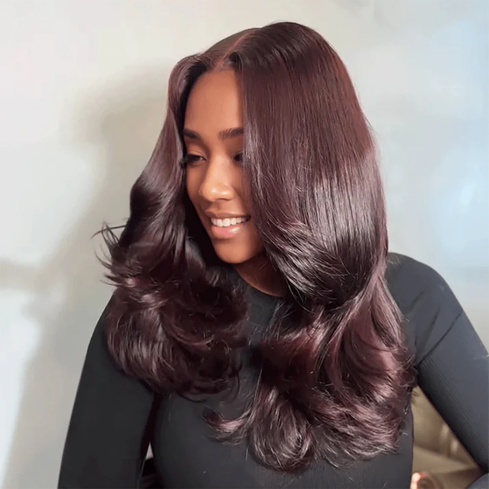 Glue-free Wig 9x6 in human hair, dark burgundy, ready-to-wear, Brazilian, colorful, degraded, mated, with pre-cut lace, density 250