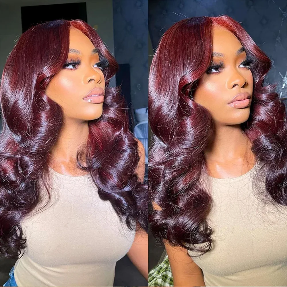 Glue-free Wig 9x6 in human hair, dark burgundy, ready-to-wear, Brazilian, colorful, degraded, mated, with pre-cut lace, density 250