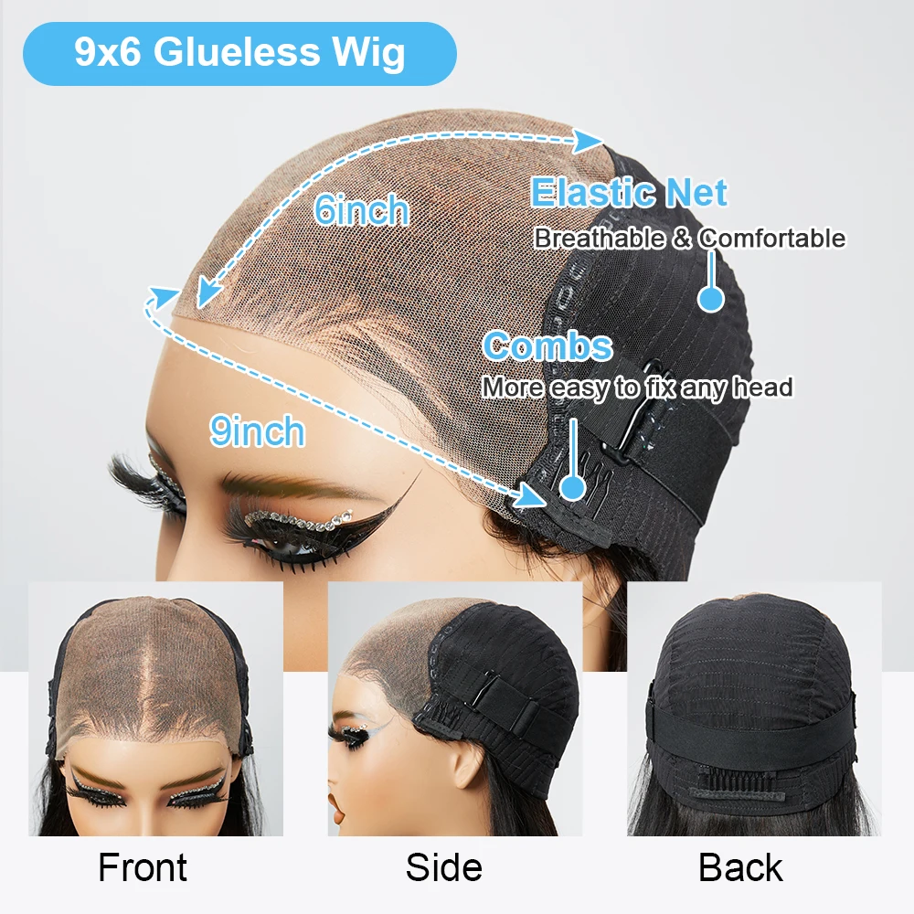 Glue-free Wig 9x6 in human hair, dark burgundy, ready-to-wear, Brazilian, colorful, degraded, mated, with pre-cut lace, density 250