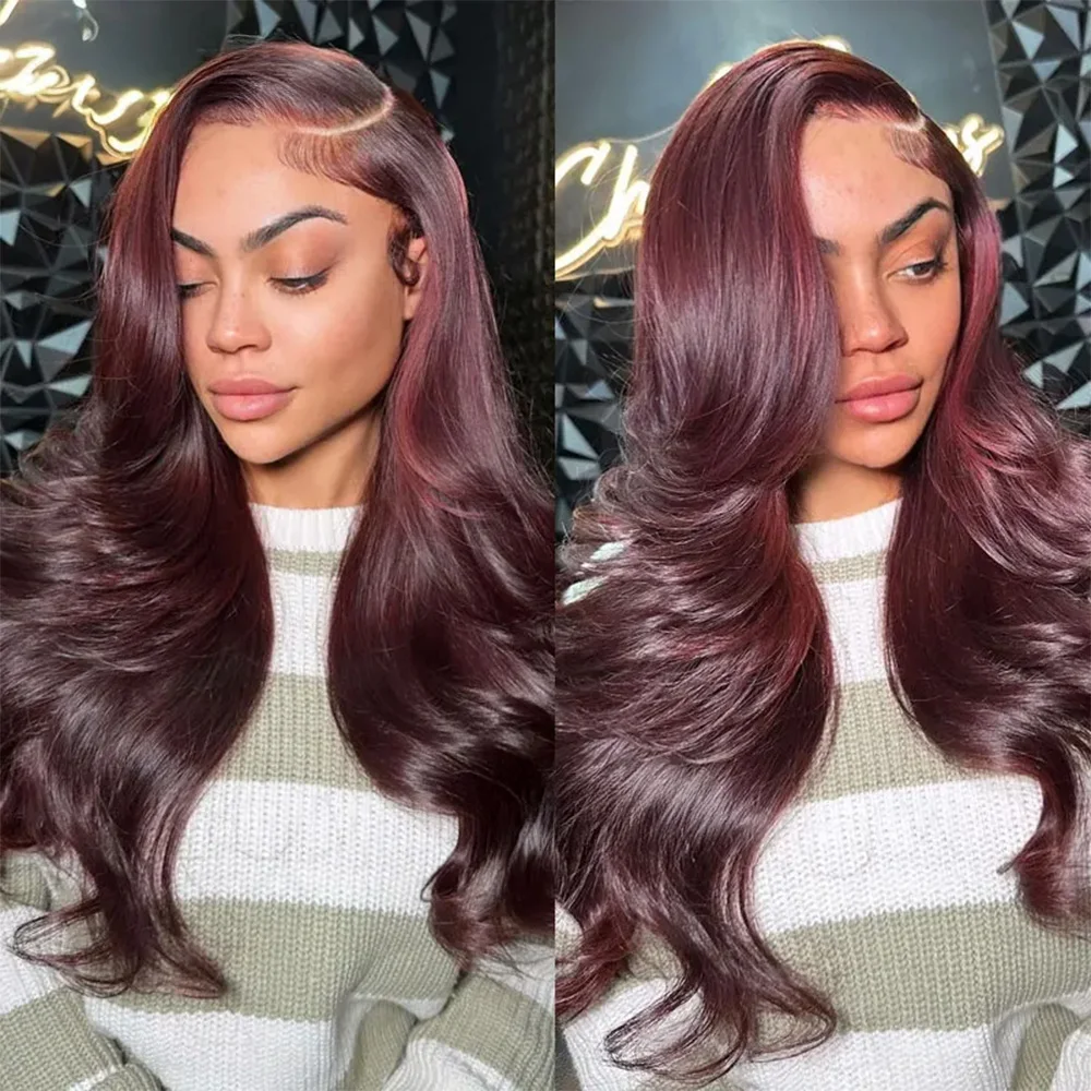 Glue-free Wig 9x6 in human hair, dark burgundy, ready-to-wear, Brazilian, colorful, degraded, mated, with pre-cut lace, density 250