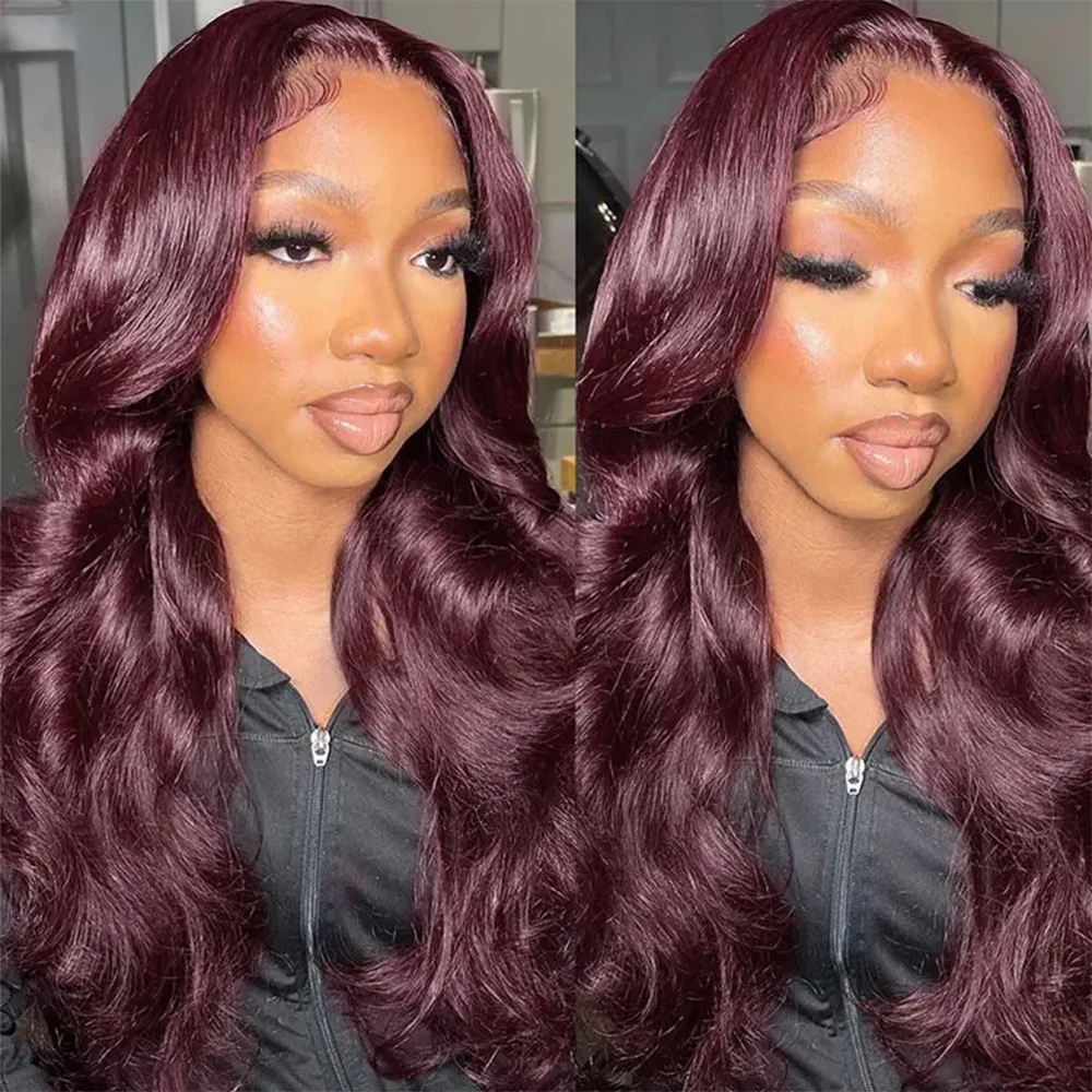 Glue-free Wig 9x6 in human hair, dark burgundy, ready-to-wear, Brazilian, colorful, degraded, mated, with pre-cut lace, density 250