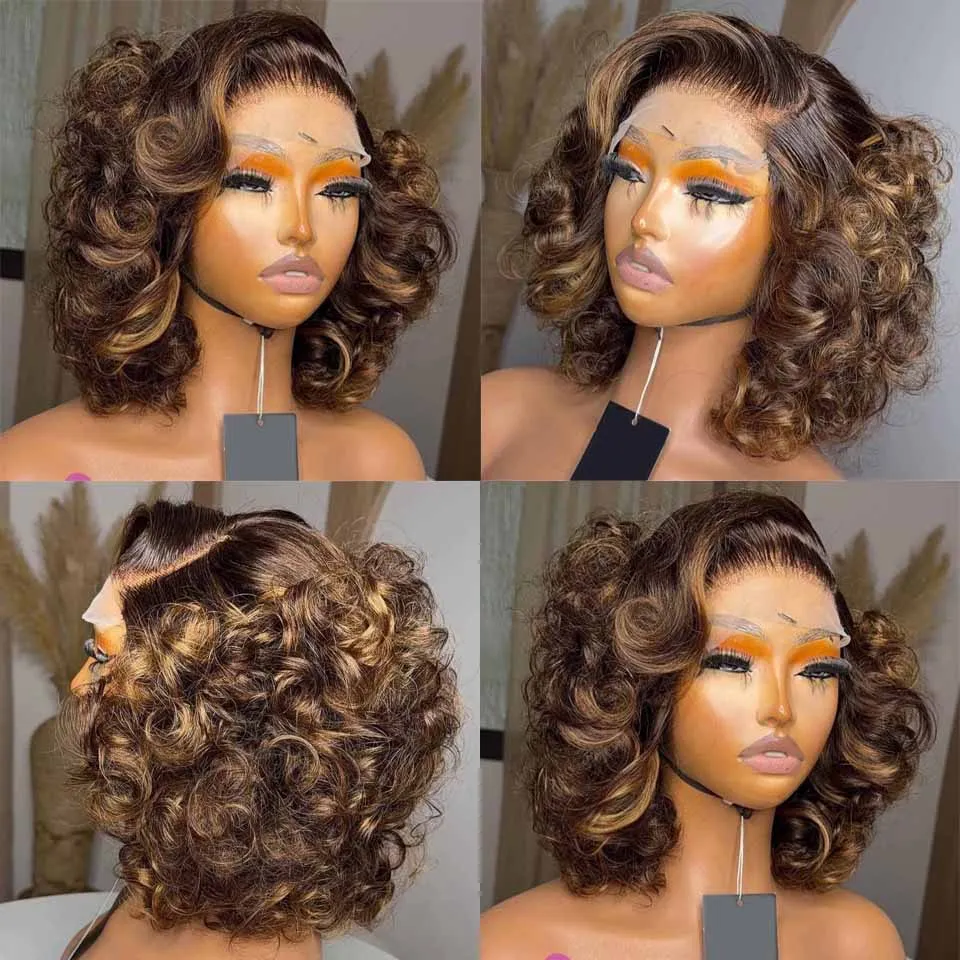 Ombre Bob Wig Human Hair 4/27 Highlight 13x4 Transparent Lace Wig Body Wave Honey Blonde Lace Front Bob Wigs Loose Wave 180 Density 14 Inches