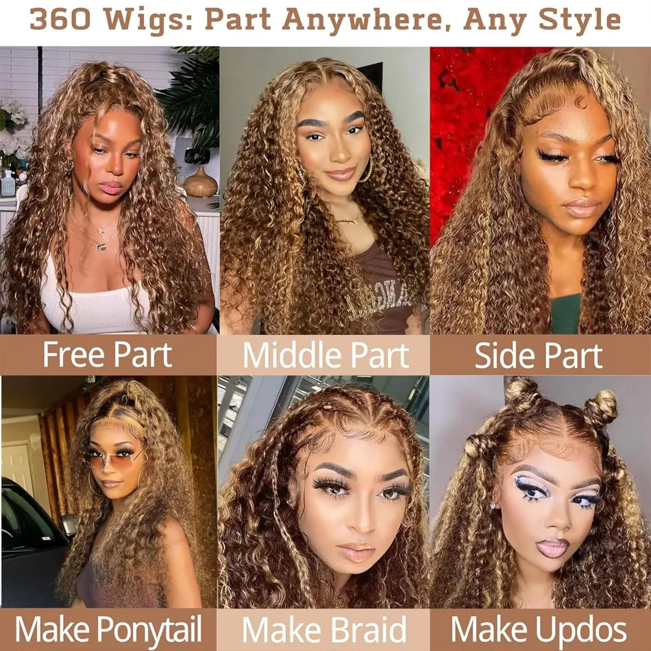 Highlight HD Invisible Strap 360 HD Lace Wig Pre Plucked Deep Wave Curly 200% Density 360 Invisible Drawstring Transparent Lace Frontal Wigs Highlight Wig Human Hair