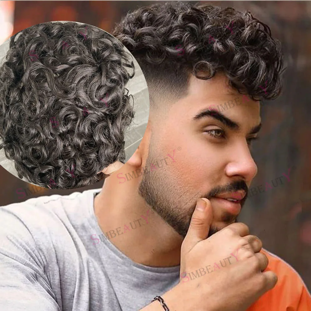20mm Curly Toupee for Men 8”x6” Euro Virgin Human Hair Replacement Systems Men's Hairpieces Mono Lace Top with Durable PU Around