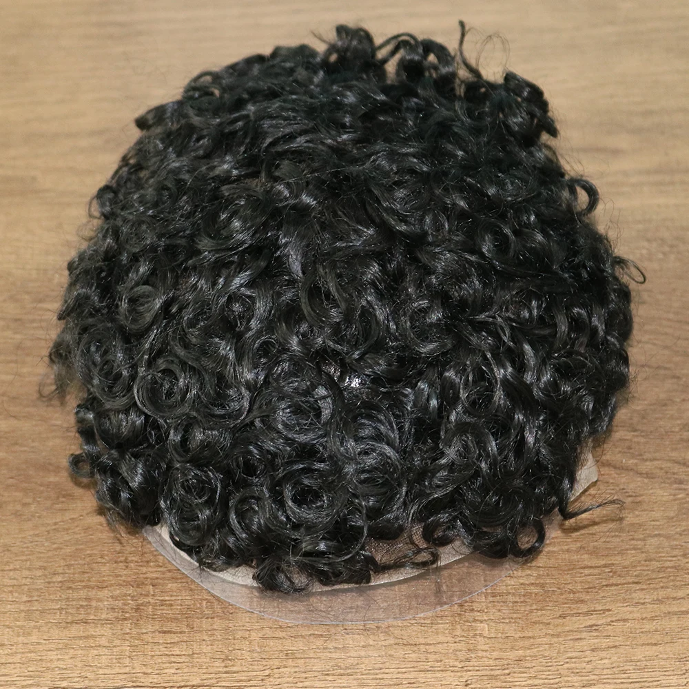 20mm Curly Toupee for Men 8”x6” Euro Virgin Human Hair Replacement Systems Men's Hairpieces Mono Lace Top with Durable PU Around