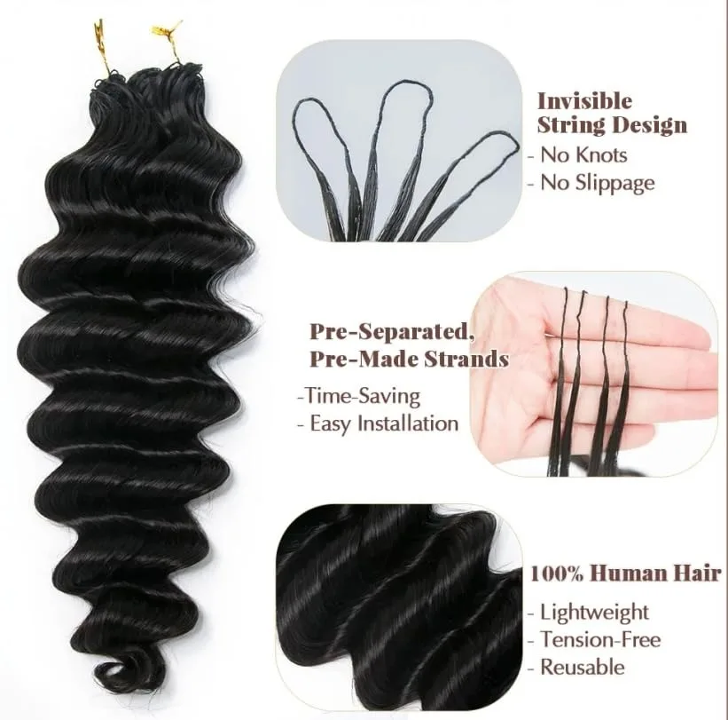 Miracle Knots Knotless Crochet Human Hair Extensions Pre Separated Pre Fluffed Deep Curly Deep Wave Feather Line Hair Pre Looped With String Reusable Bulk Hair For Boho Invisible Braids 60G/pack For Women