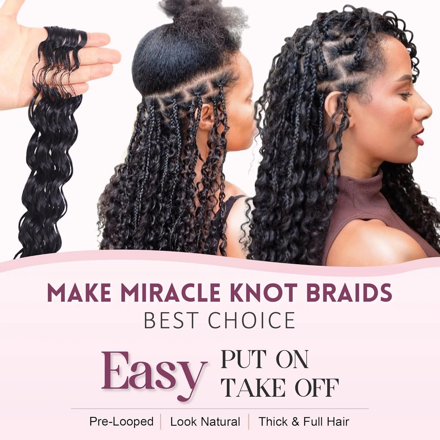 Miracle Knots Knotless Crochet Human Hair Extensions Pre Separated Pre Fluffed Deep Curly Deep Wave Feather Line Hair Pre Looped With String Reusable Bulk Hair For Boho Invisible Braids 60G/pack For Women