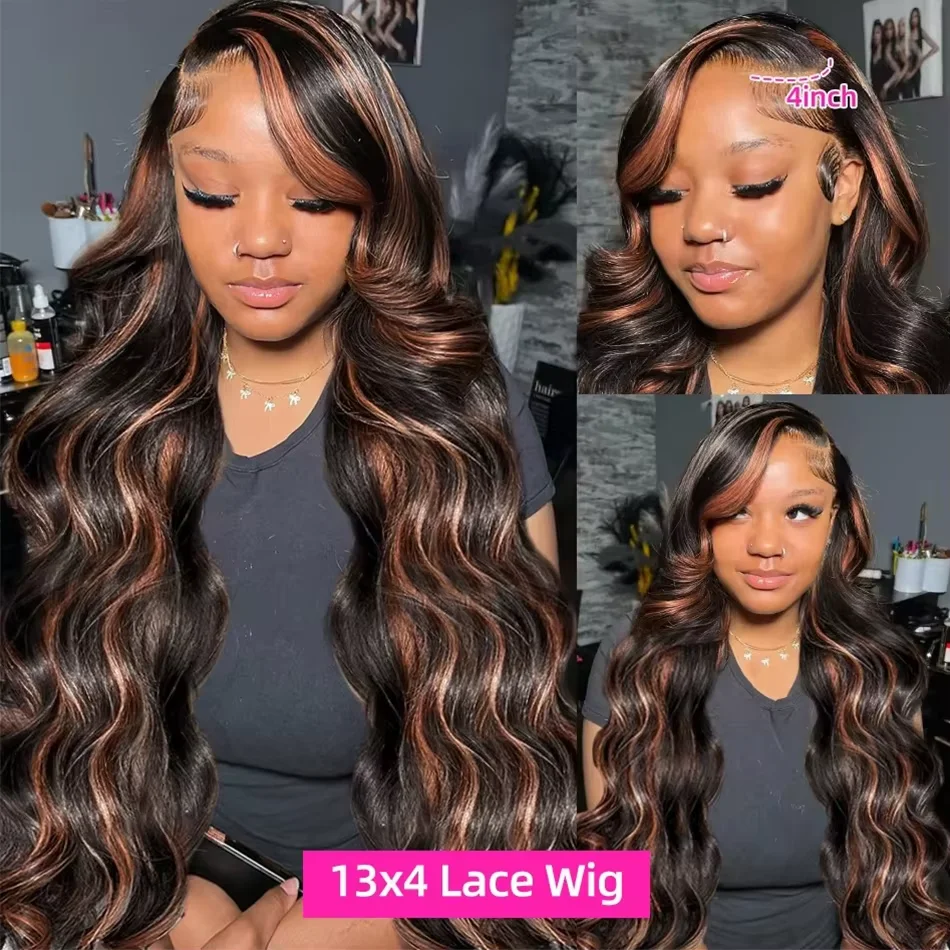Finros Colored 1B/30 Black Brown Ombre Highlight Body Wave 13x6 HD Lace Frontal Human Hair Wig 13x4 Lace Front Wigs For Women