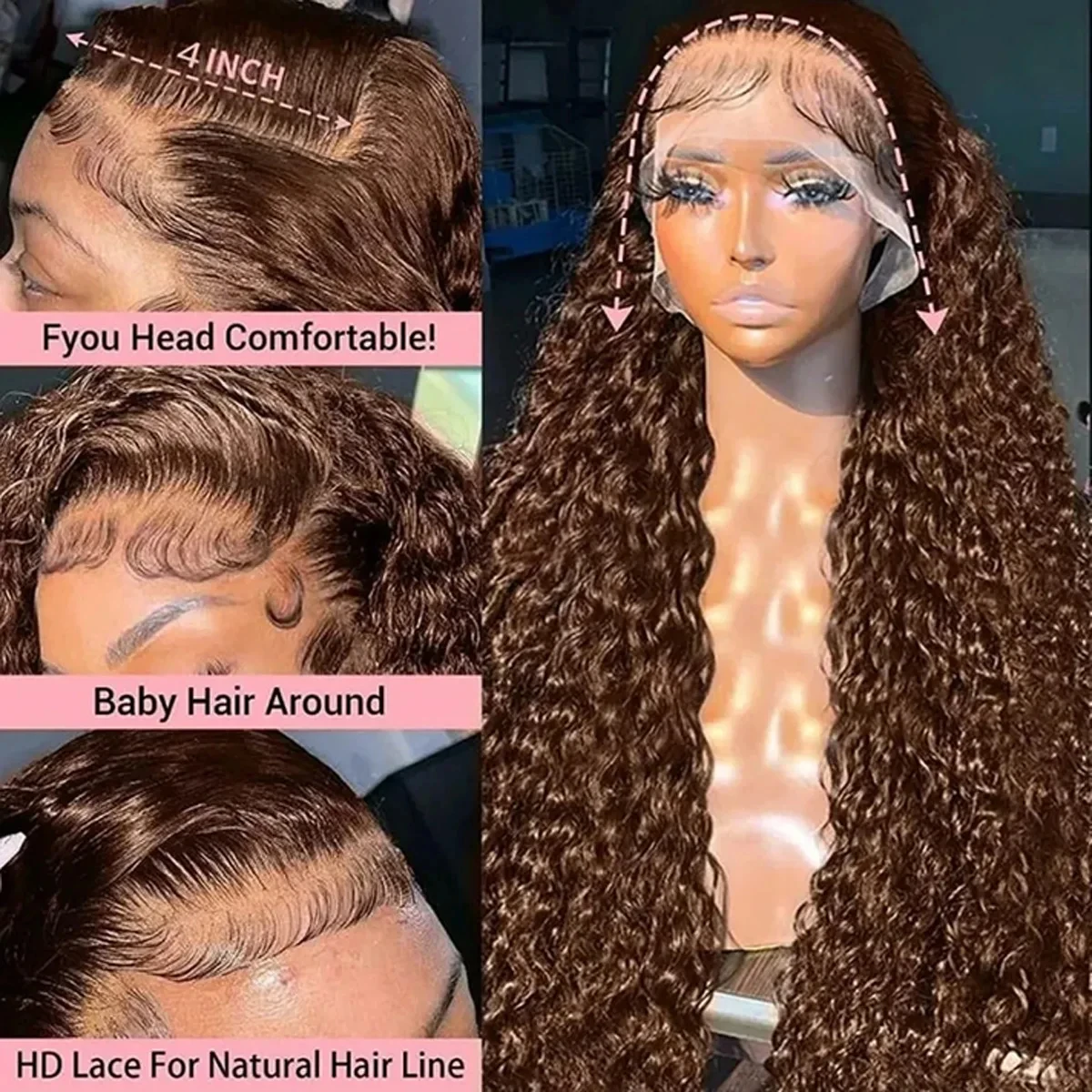 250% Chocolate Brown Deep Wave 13x6 HD Lace Frontal Human Hair Wigs 30 36 Inch Remy #4 Colored Loose Curly 13x4 Lace Front Wig