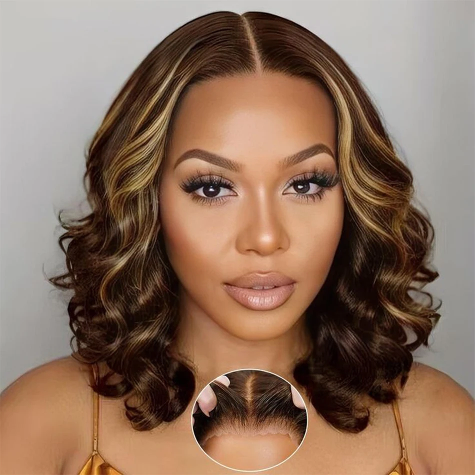 100% Human Hair Wig Highlight Bob Bouncy Loose Curly 12" 250% Density 5x5 HD Lace Closure Glueless Wigs Human Hair Ready To Wear