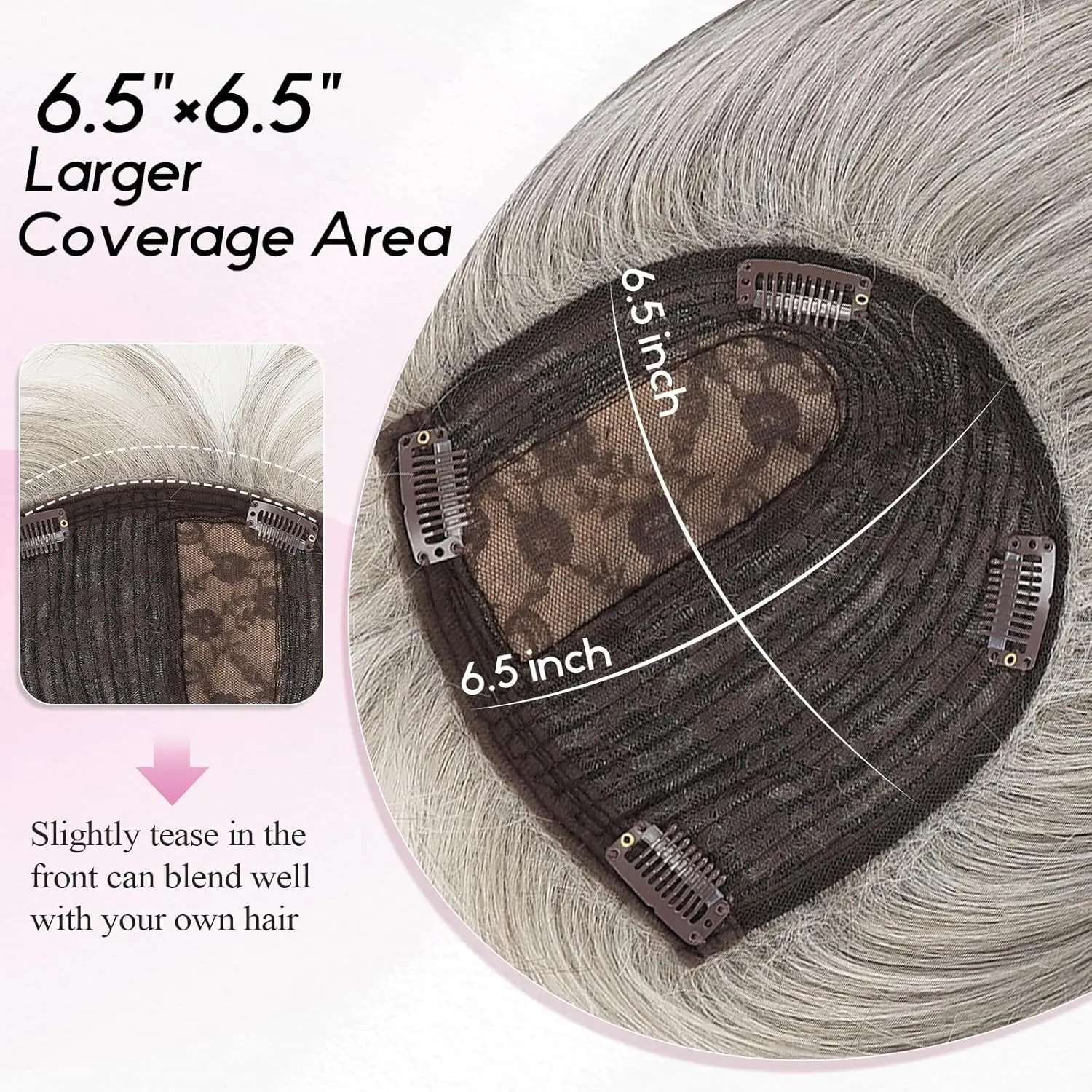 Short 6.5*6.5inch Large Base Hair Pieces Silver Gray Human Hair Toppers 10 inch Toppers for Women with Multiple Non-slip Clips