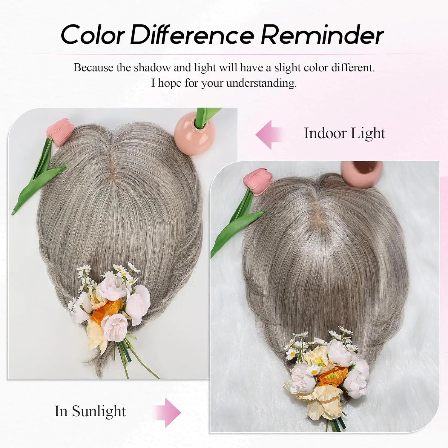 Short 6.5*6.5inch Large Base Hair Pieces Silver Gray Human Hair Toppers 10 inch Toppers for Women with Multiple Non-slip Clips