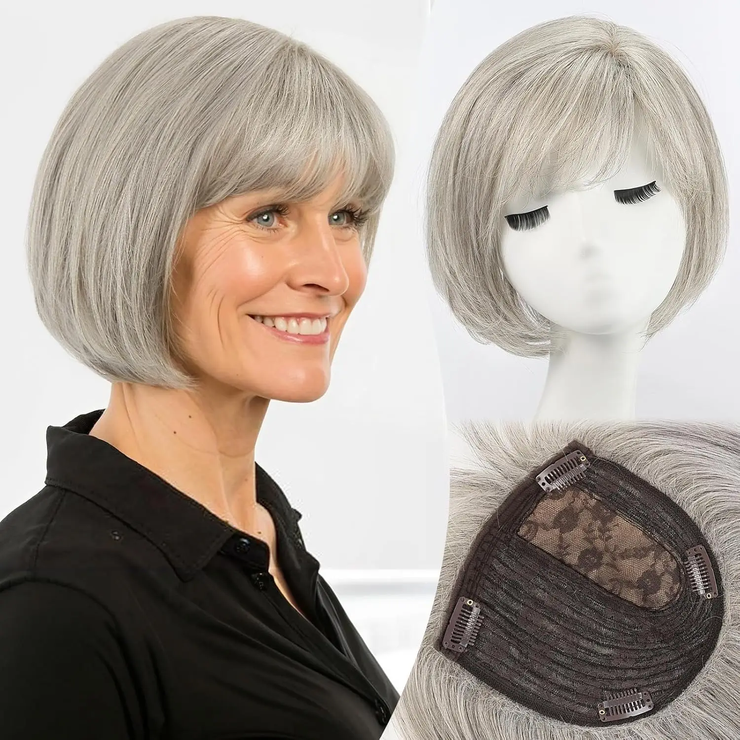 Short 6.5*6.5inch Large Base Hair Pieces Silver Gray Human Hair Toppers 10 inch Toppers for Women with Multiple Non-slip Clips