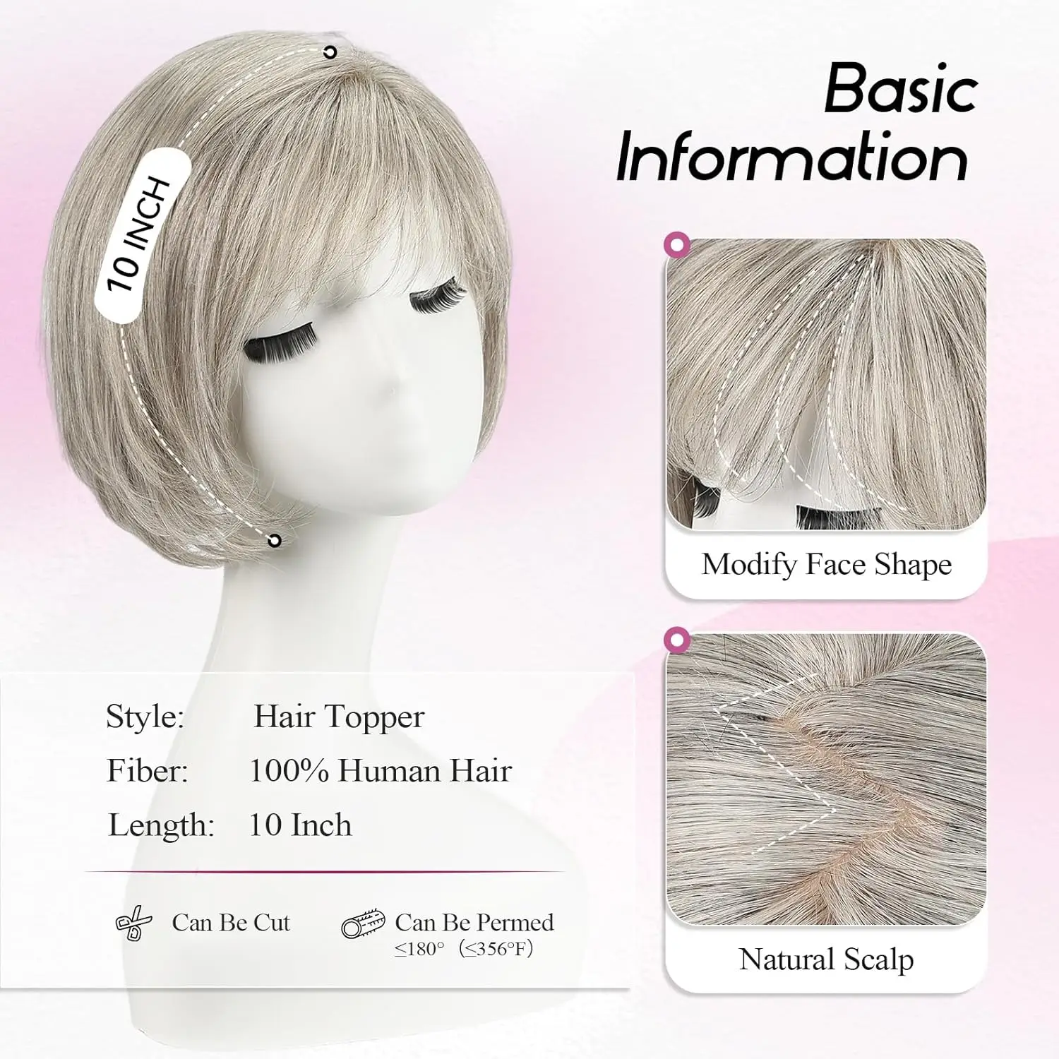 Short 6.5*6.5inch Large Base Hair Pieces Silver Gray Human Hair Toppers 10 inch Toppers for Women with Multiple Non-slip Clips