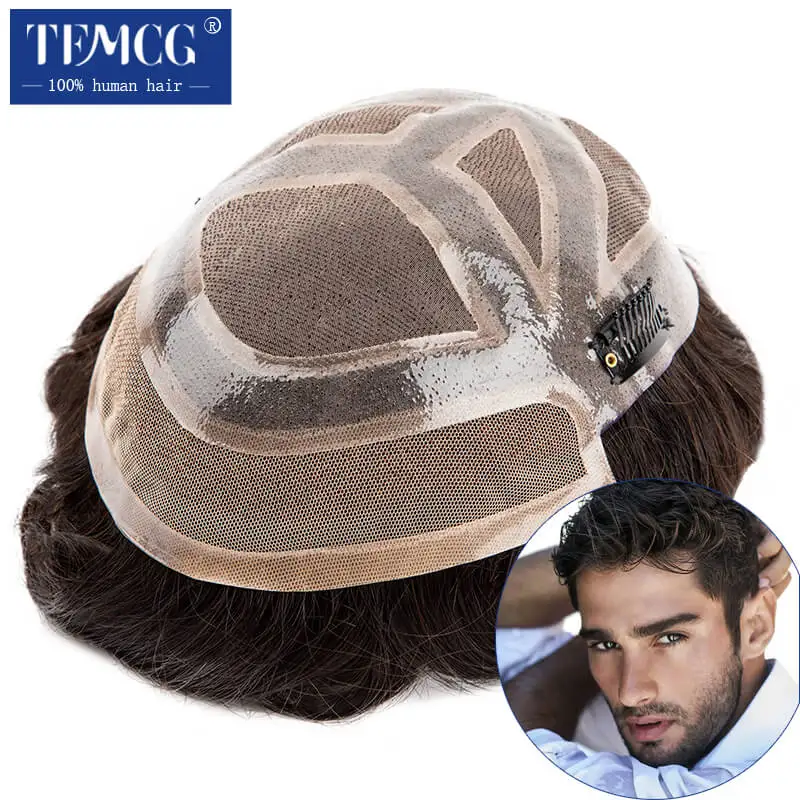 Men's Clip-On Hair Mono & Pu With Lace Front Durable For Male Hair Prosthesis Natural Human Hair Toupee Men Wig Exhaust Systems