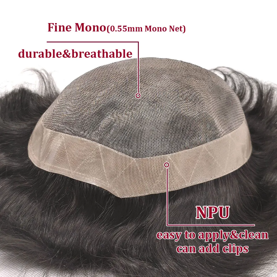 8x10" Breathable Fine Mono With NPU Toupee For Men Human Hair Piece Natural Black Male Wig Toupee Men's Replacement Systems