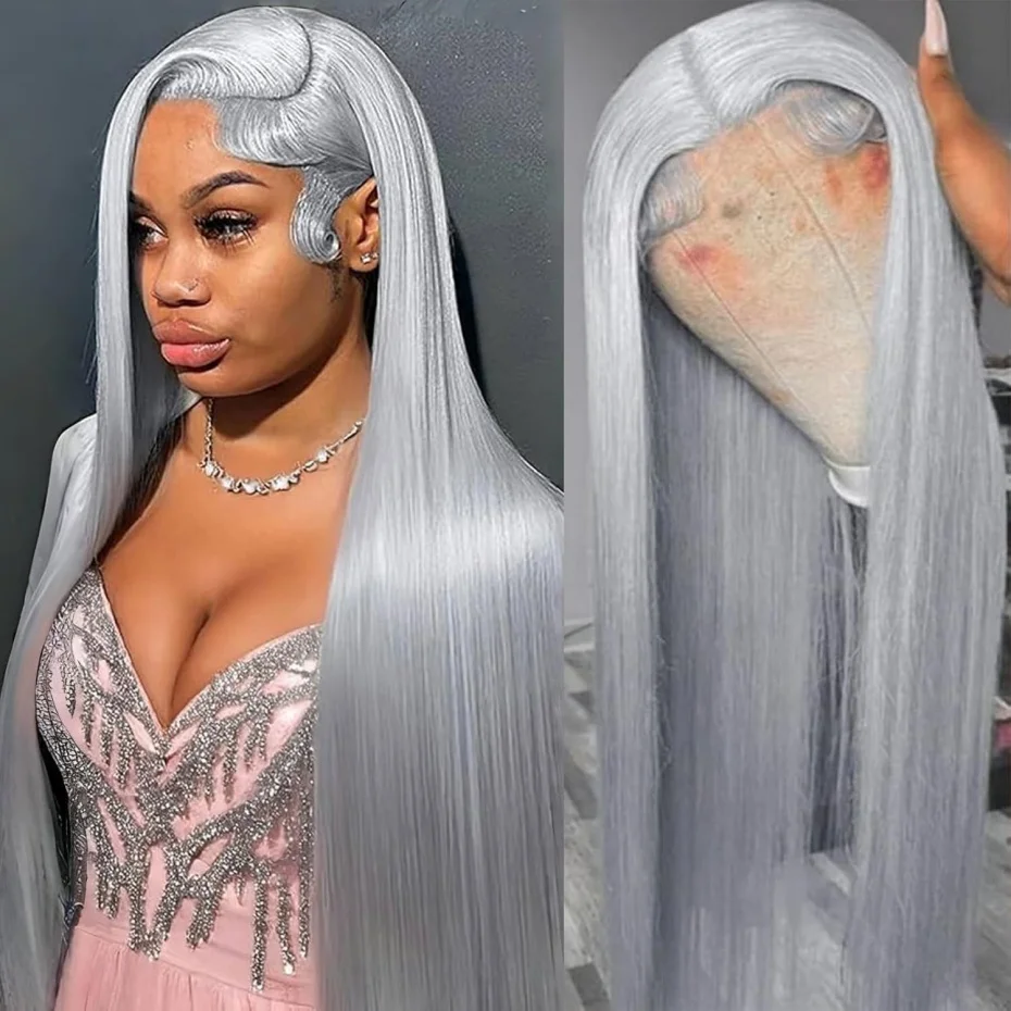 13x6 Silver Gray Lace Frontal Wigs For Women Bone Straight Grey Lace Front Human Hair Wigs Pre Plucked Hairline with Baby Hair 220% Density 38 40 42 inch