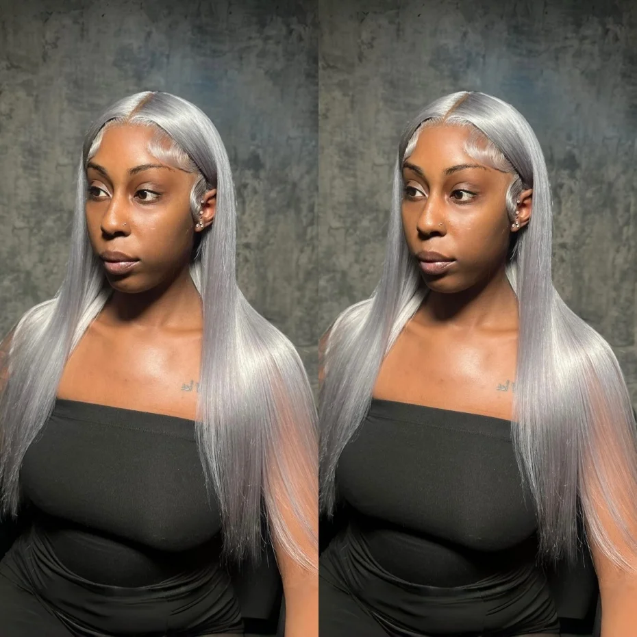 13x6 Silver Gray Lace Frontal Wigs For Women Bone Straight Grey Lace Front Human Hair Wigs Pre Plucked Hairline with Baby Hair 220% Density 38 40 42 inch