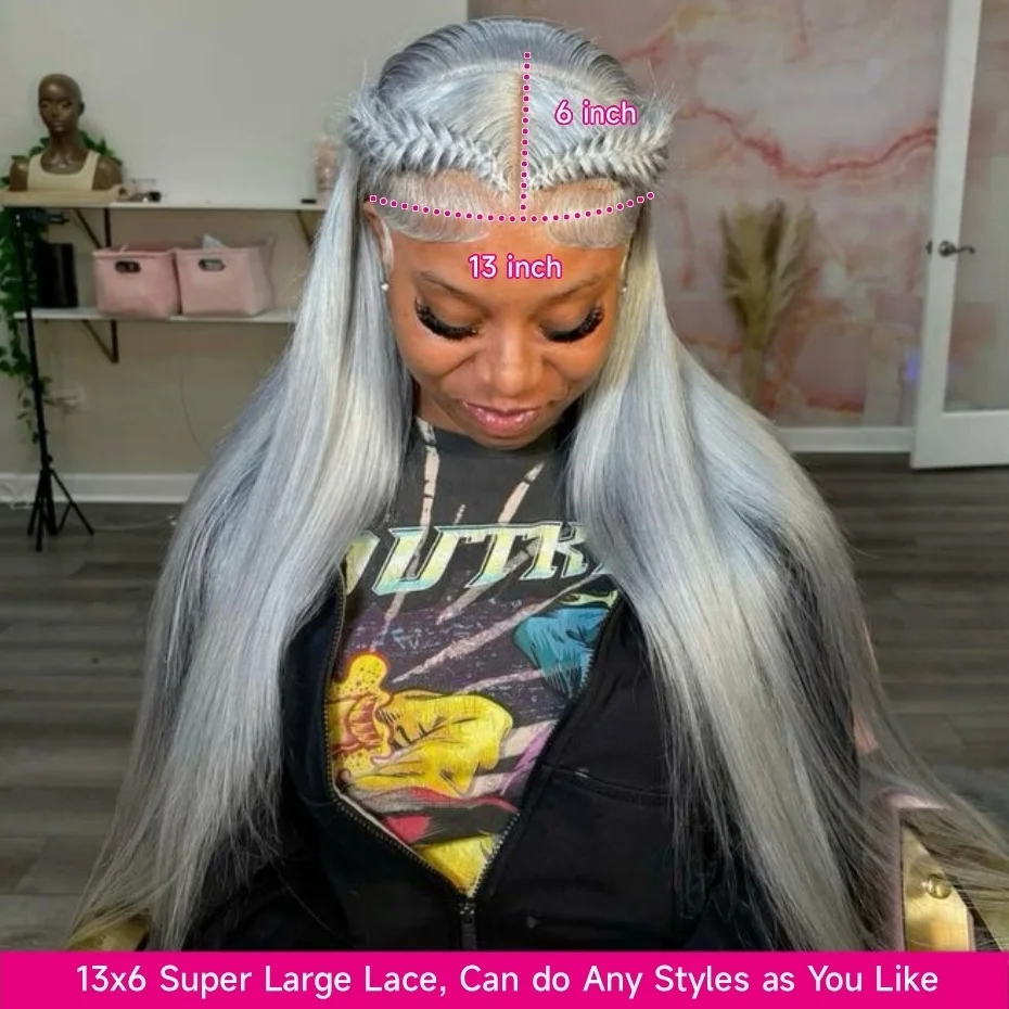 13x6 Silver Gray Lace Frontal Wigs For Women Bone Straight Grey Lace Front Human Hair Wigs Pre Plucked Hairline with Baby Hair 220% Density 38 40 42 inch