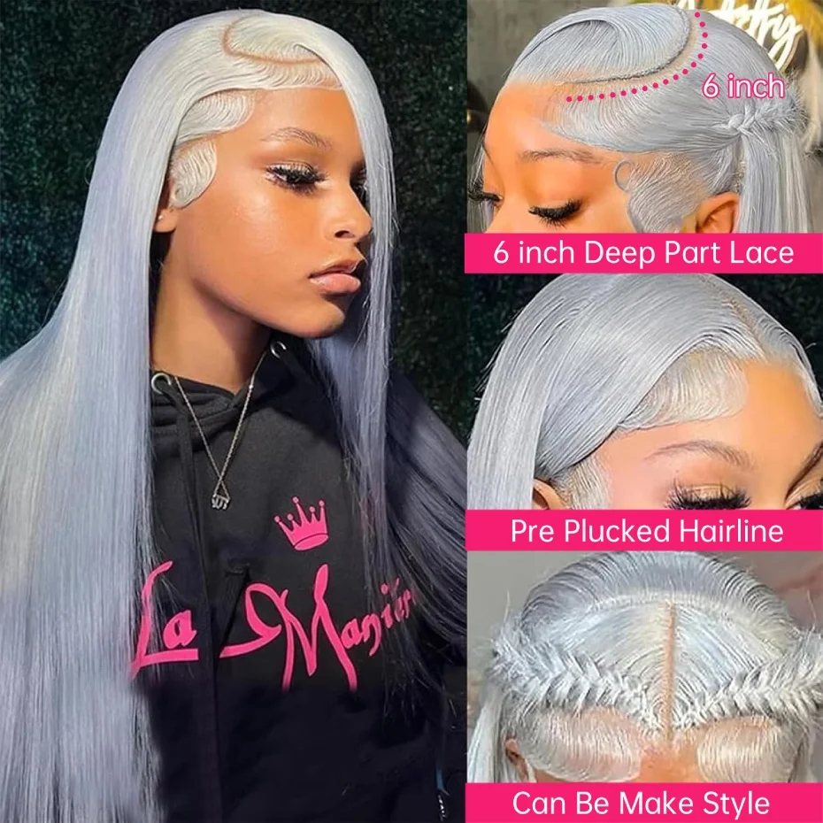 13x6 Silver Gray Lace Frontal Wigs For Women Bone Straight Grey Lace Front Human Hair Wigs Pre Plucked Hairline with Baby Hair 220% Density 38 40 42 inch