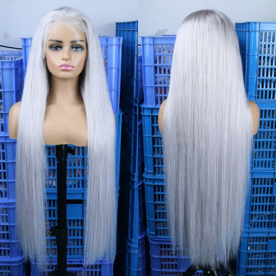 13x6 Silver Gray Lace Frontal Wigs For Women Bone Straight Grey Lace Front Human Hair Wigs Pre Plucked Hairline with Baby Hair 220% Density 38 40 42 inch