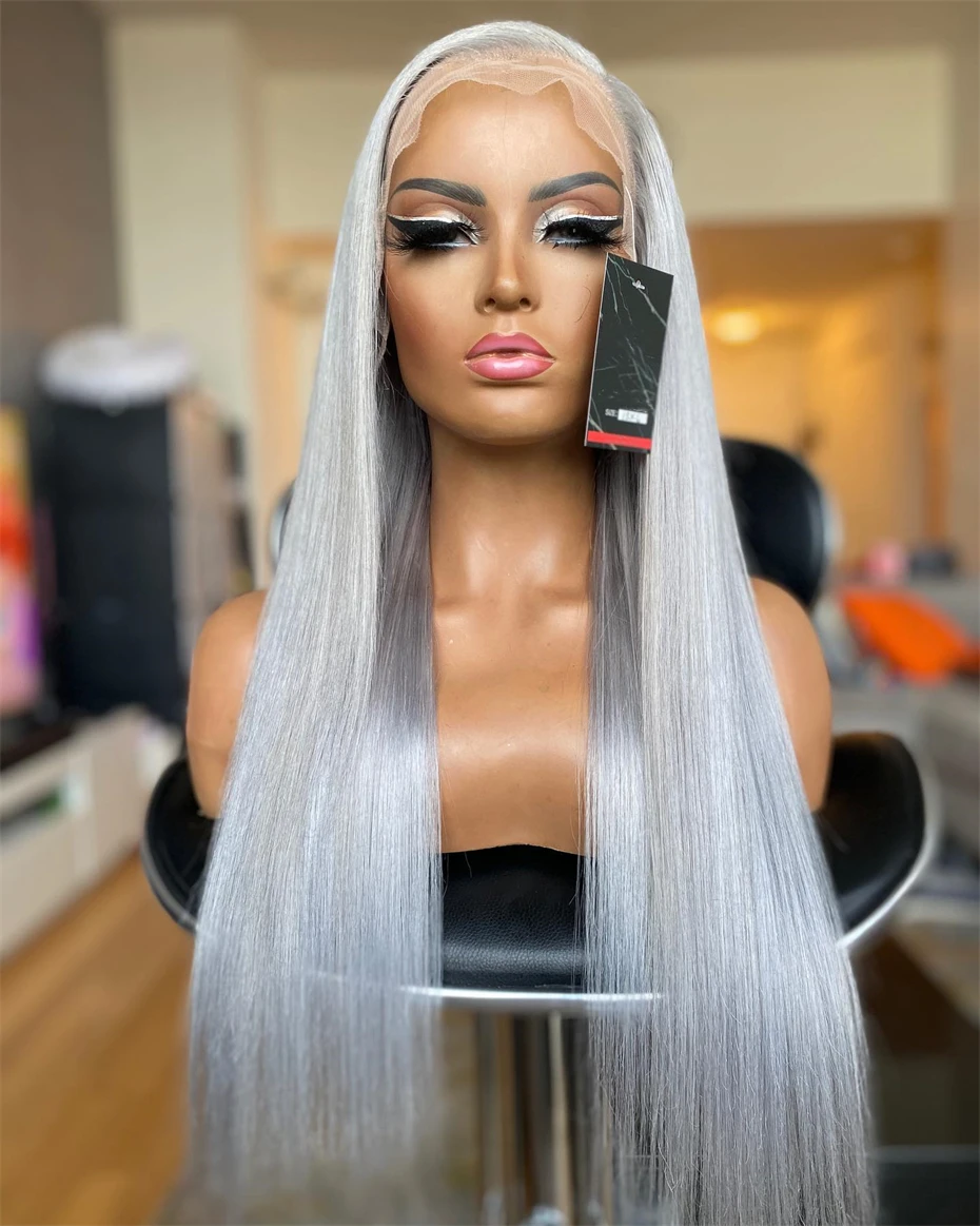 13x6 Silver Gray Lace Frontal Wigs For Women Bone Straight Grey Lace Front Human Hair Wigs Pre Plucked Hairline with Baby Hair 220% Density 38 40 42 inch
