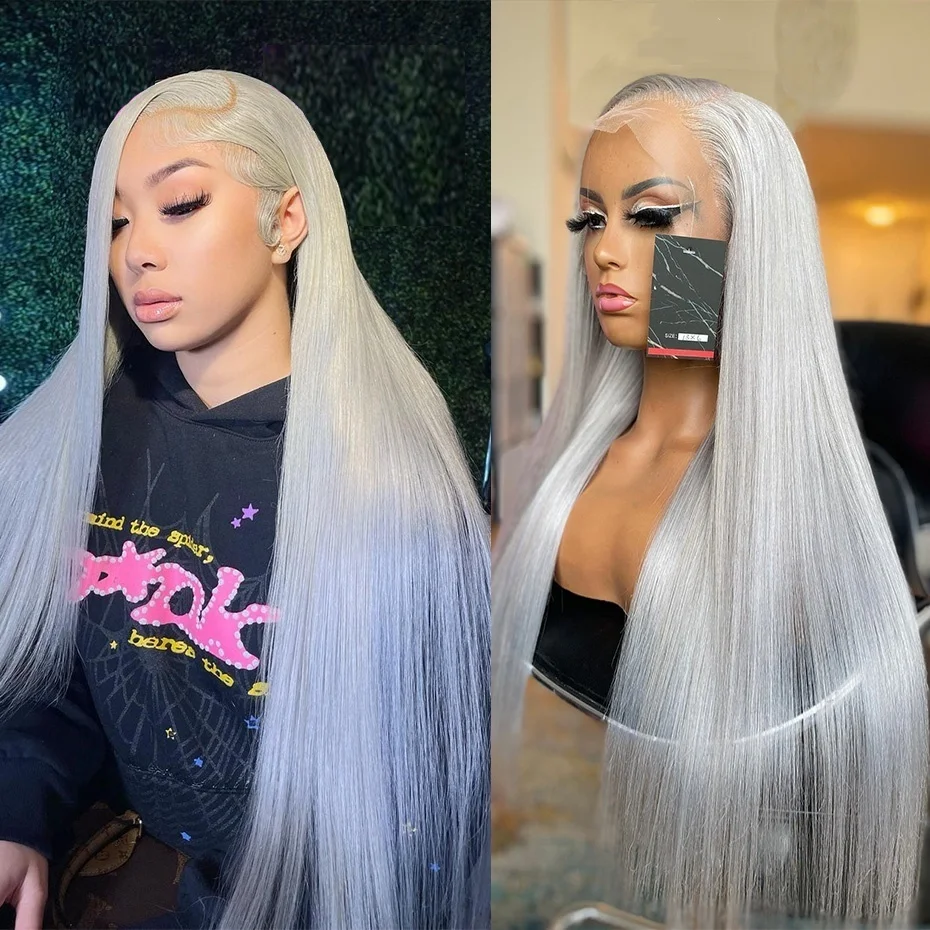 13x6 Silver Gray Lace Frontal Wigs For Women Bone Straight Grey Lace Front Human Hair Wigs Pre Plucked Hairline with Baby Hair 220% Density 38 40 42 inch