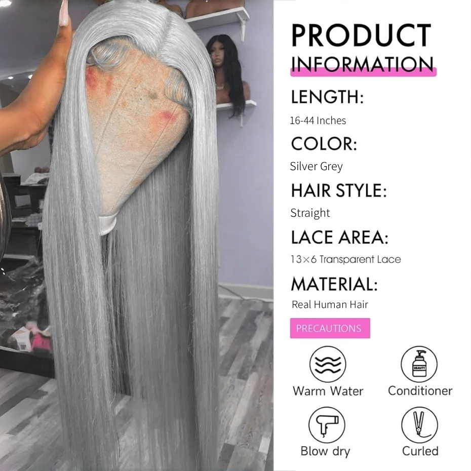 13x6 Silver Gray Lace Frontal Wigs For Women Bone Straight Grey Lace Front Human Hair Wigs Pre Plucked Hairline with Baby Hair 220% Density 38 40 42 inch