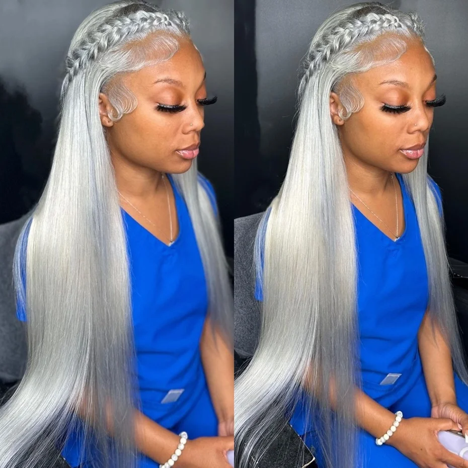 13x6 Silver Gray Lace Frontal Wigs For Women Bone Straight Grey Lace Front Human Hair Wigs Pre Plucked Hairline with Baby Hair 220% Density 38 40 42 inch