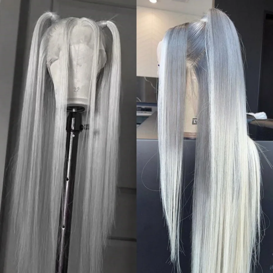 13x6 Silver Gray Lace Frontal Wigs For Women Bone Straight Grey Lace Front Human Hair Wigs Pre Plucked Hairline with Baby Hair 220% Density 38 40 42 inch