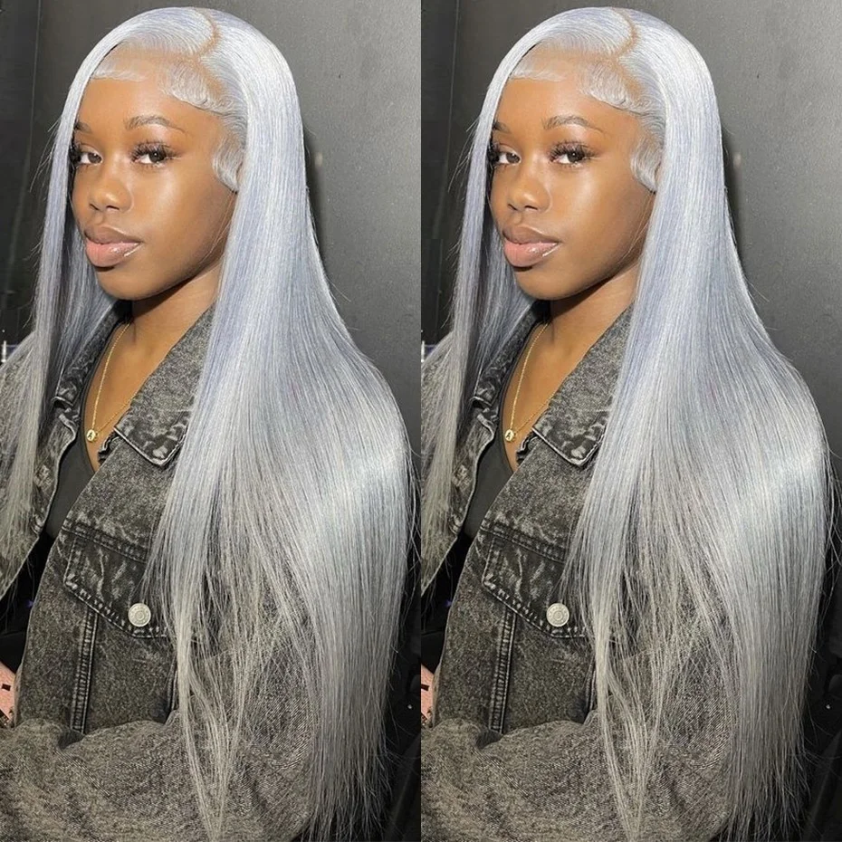 13x6 Silver Gray Lace Frontal Wigs For Women Bone Straight Grey Lace Front Human Hair Wigs Pre Plucked Hairline with Baby Hair 220% Density 38 40 42 inch