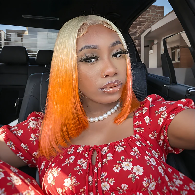 613 Orange Human Hair Wigs Straight Bob 13x4 Lace Front Wigs With Baby Hair PrePluck  Blonde Yellow For Women