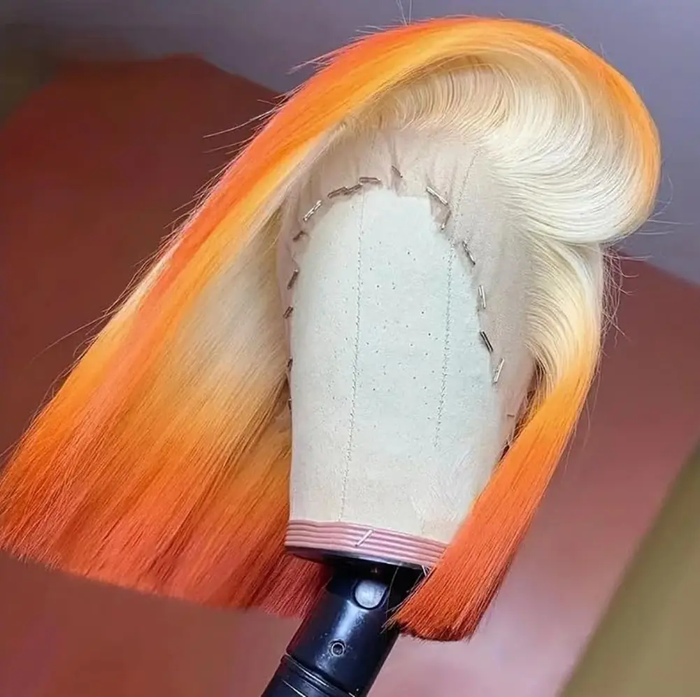 613 Orange Human Hair Wigs Straight Bob 13x4 Lace Front Wigs With Baby Hair PrePluck  Blonde Yellow For Women