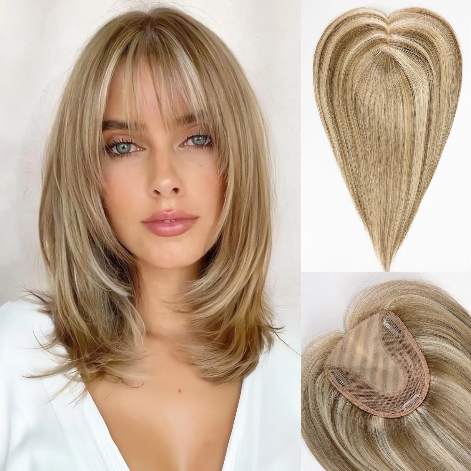 Brown Mixed Blonde Remy Human Hair Toppers Silk Base Clips in Straight 14 Inches Hairpieces Extension for Women 100% Human Hair