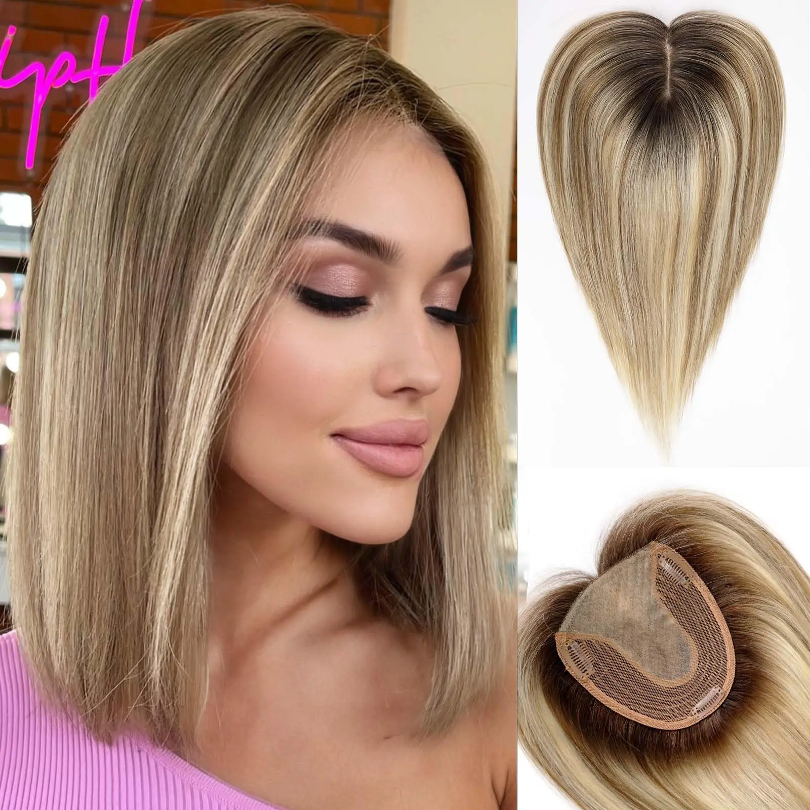 Brown Mixed Blonde Remy Human Hair Toppers Silk Base Clips in Straight 14 Inches Hairpieces Extension for Women 100% Human Hair